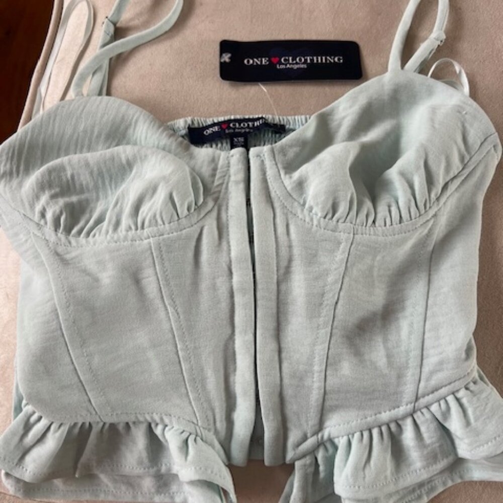 Strappy Women's XS Light Blue Crop Top with Eyelet Closure and Double Ruffle